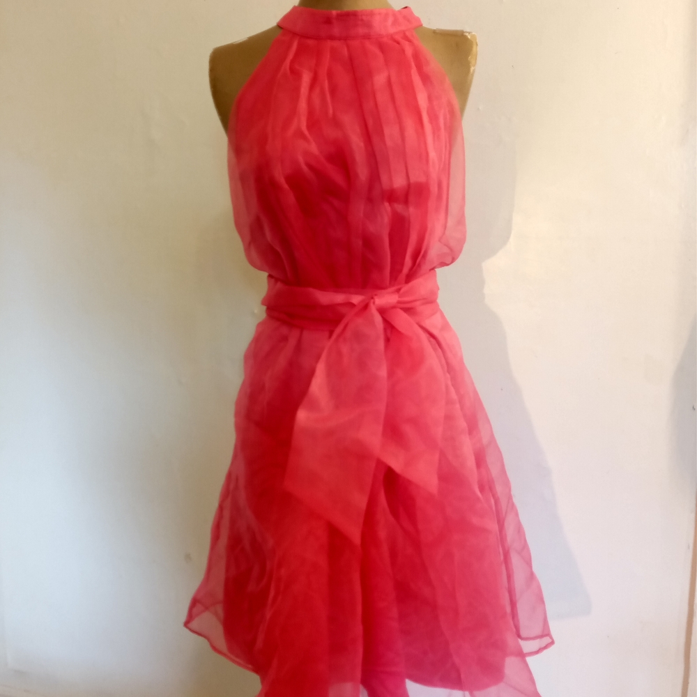 VENUS Halter Tie-Waist Sheer A-Line Dress in Coral
